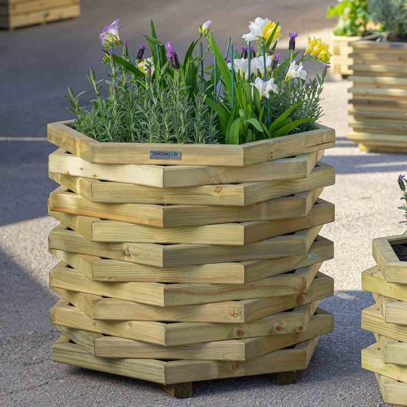 Wooden hexagonal flower pot