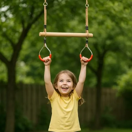 Wooden Trapeze Bar with Gym Rings for Kids
