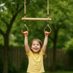Wooden Trapeze Bar with Gym Rings for Kids