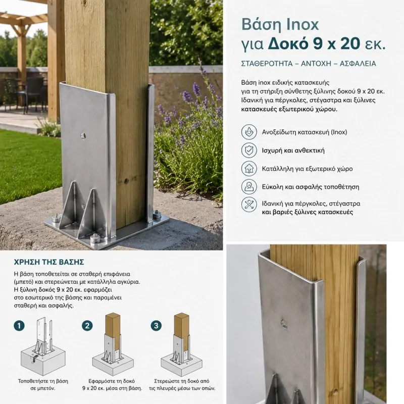 Stainless Steel Base for 9 x 20 cm Wooden Beam