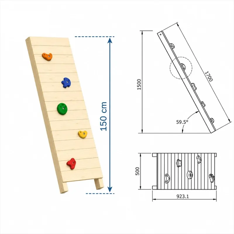 Wooden Climbing Wall with Rocks for 150cm Height
