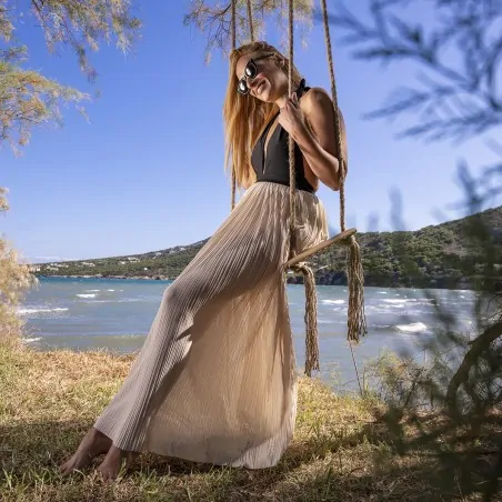 Καμπυλωτή Ξύλινη Κούνια Μπεζ με Κρόσσια